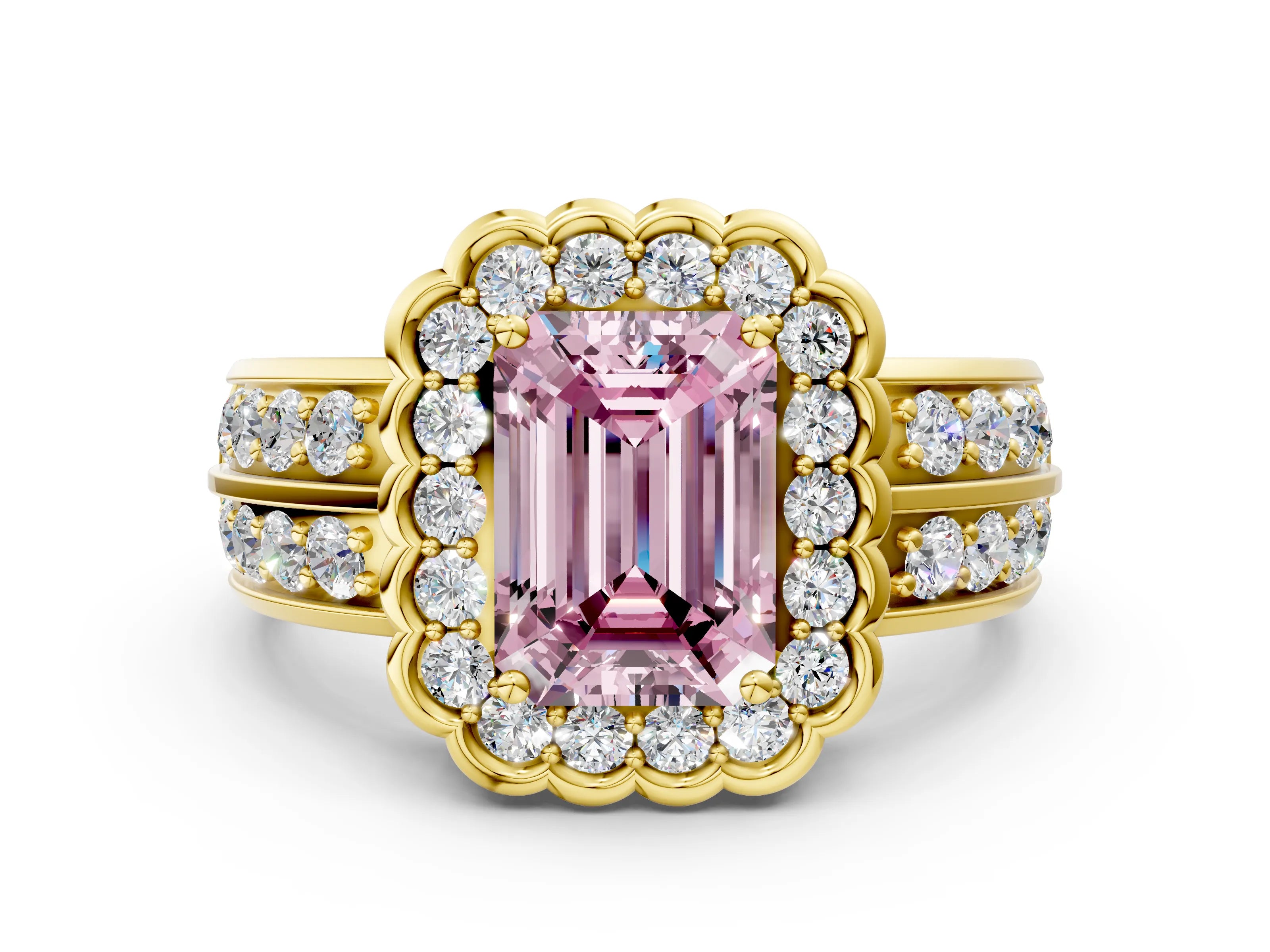 Yellow gold Fancy Pink Emerald Cut Halo Diamond Split Shank Ring with Scalloped Prong Setting