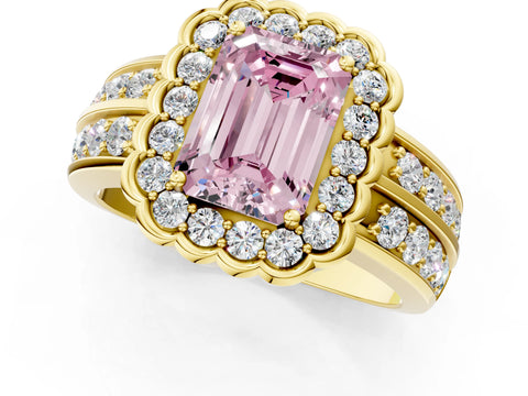 Yellow gold Fancy Pink Emerald Cut Halo Diamond Split Shank Ring with Scalloped Prong Setting_1
