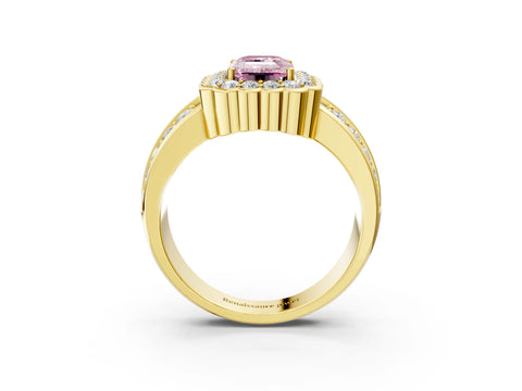 Yellow gold Fancy Pink Emerald Cut Halo Diamond Split Shank Ring with Scalloped Prong Setting_3