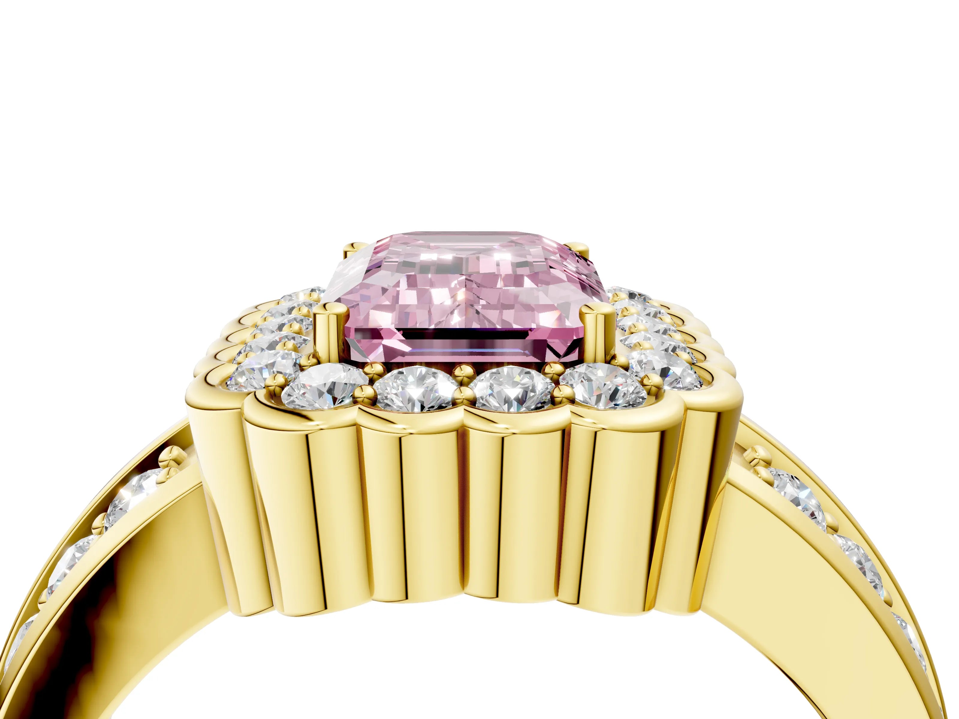 Yellow gold Fancy Pink Emerald Cut Halo Diamond Split Shank Ring with Scalloped Prong Setting_4