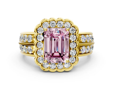 Yellow gold Fancy Pink Emerald Cut Halo Diamond Split Shank Ring with Scalloped Prong Setting