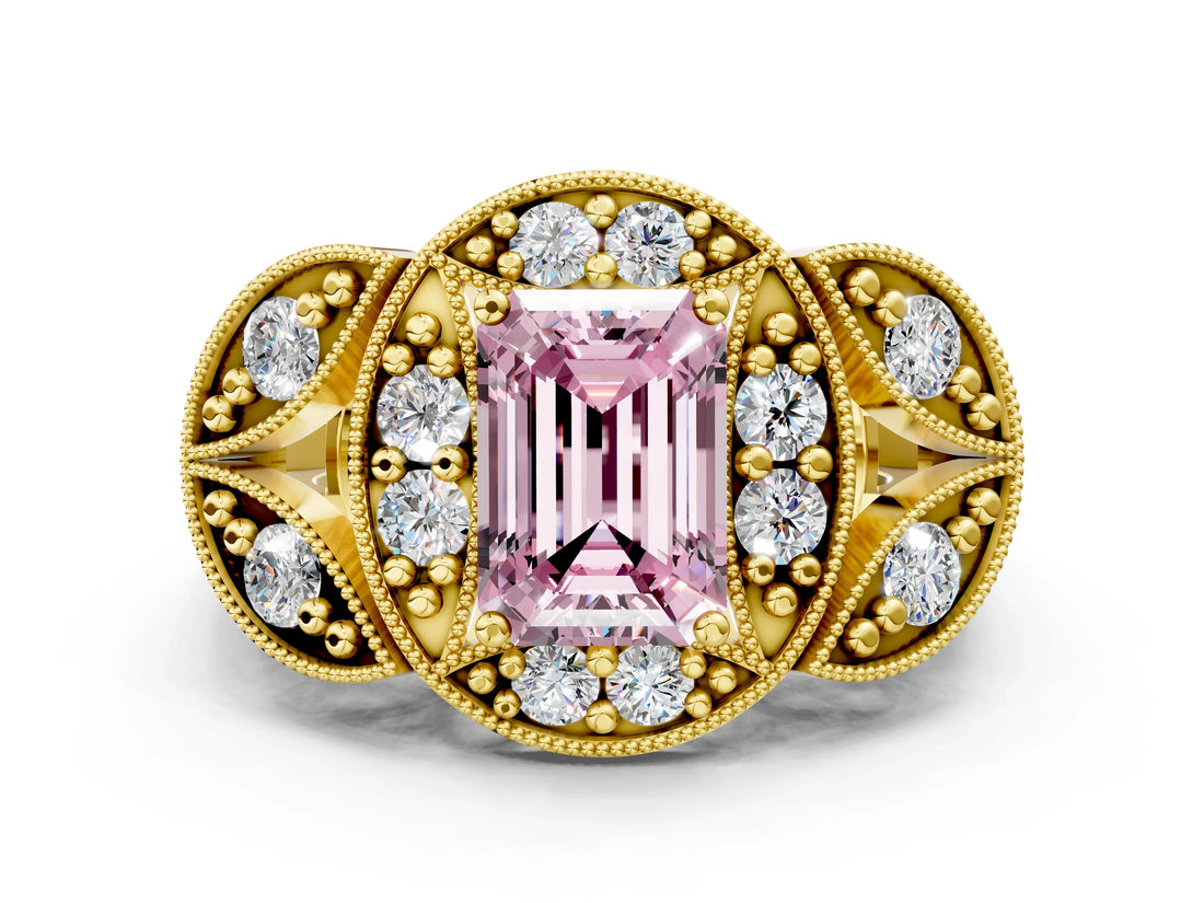 Yellow gold Fancy Pink Emerald Cut Halo Milgrain Diamond Engagement Ring with Leaf Band and Four-Prong Setting