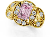 Yellow gold Fancy Pink Emerald Cut Halo Milgrain Diamond Engagement Ring with Leaf Band and Four-Prong Setting_1