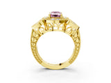 Yellow gold Fancy Pink Emerald Cut Halo Milgrain Diamond Engagement Ring with Leaf Band and Four-Prong Setting_3