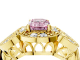 Yellow gold Fancy Pink Emerald Cut Halo Milgrain Diamond Engagement Ring with Leaf Band and Four-Prong Setting_4