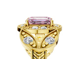 Yellow gold Fancy Pink Emerald Cut Halo Milgrain Diamond Engagement Ring with Leaf Band and Four-Prong Setting_5