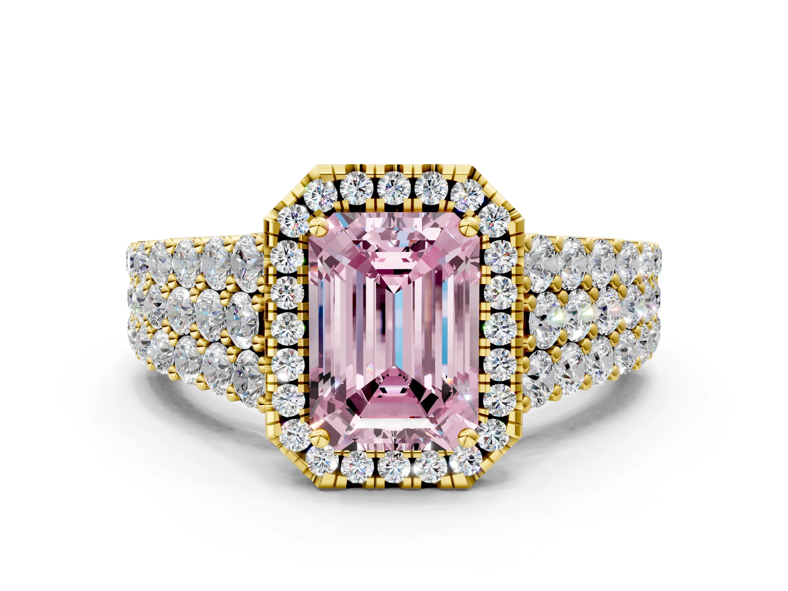 Yellow gold Fancy Pink Emerald Cut Halo Pavé Diamond Engagement Ring with Split Shank and Four-Prong Setting_3