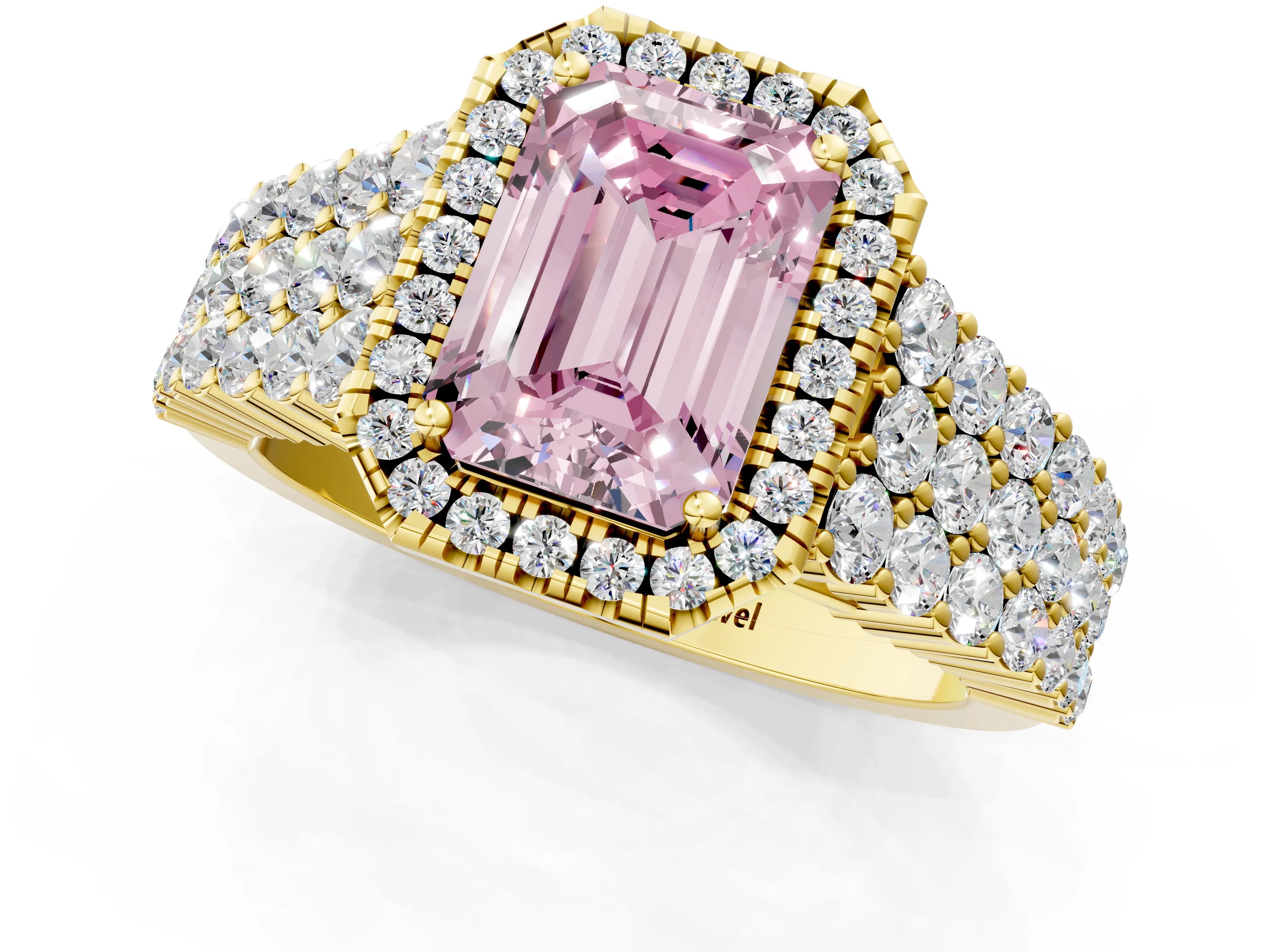 Yellow gold Fancy Pink Emerald Cut Halo Pavé Diamond Engagement Ring with Split Shank and Four-Prong Setting_4