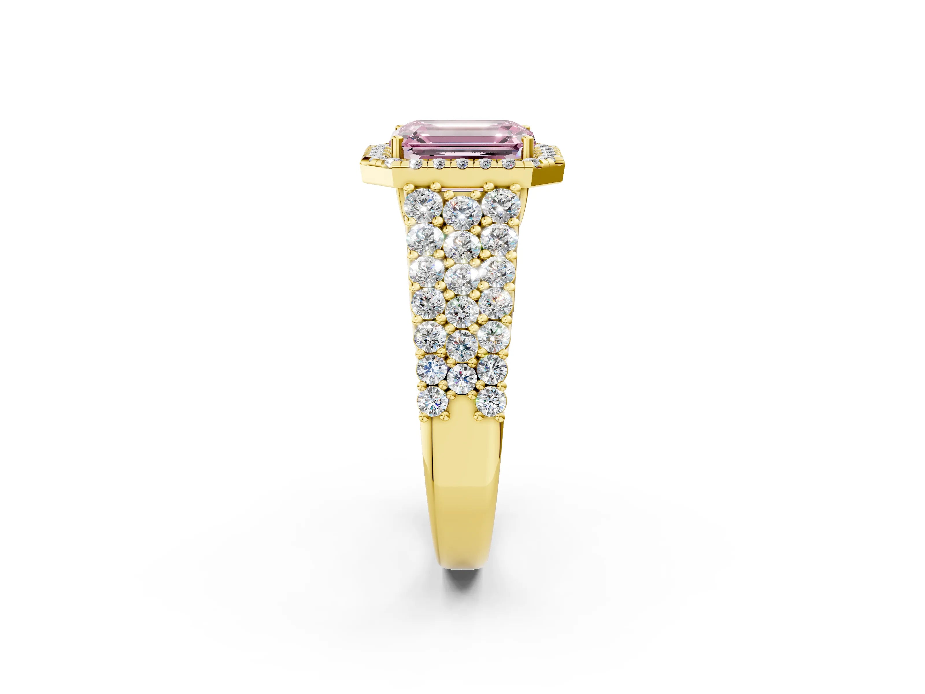 Yellow gold Fancy Pink Emerald Cut Halo Pavé Diamond Engagement Ring with Split Shank and Four-Prong Setting_5