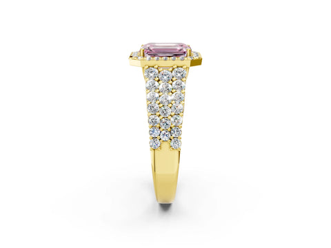 Yellow gold Fancy Pink Emerald Cut Halo Pavé Diamond Engagement Ring with Split Shank and Four-Prong Setting_5