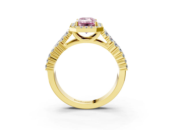 Yellow gold Fancy Pink Emerald Cut Halo Pavé Diamond Engagement Ring with Split Shank and Four-Prong Setting