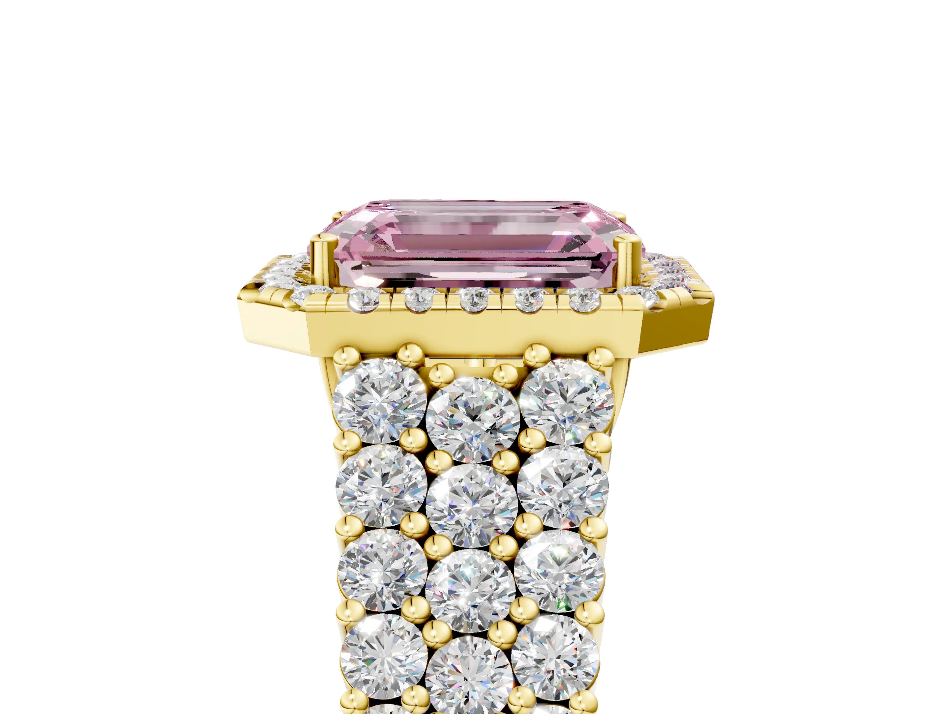 Yellow gold Fancy Pink Emerald Cut Halo Pavé Diamond Engagement Ring with Split Shank and Four-Prong Setting_8