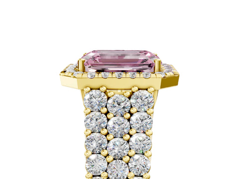 Yellow gold Fancy Pink Emerald Cut Halo Pavé Diamond Engagement Ring with Split Shank and Four-Prong Setting_8