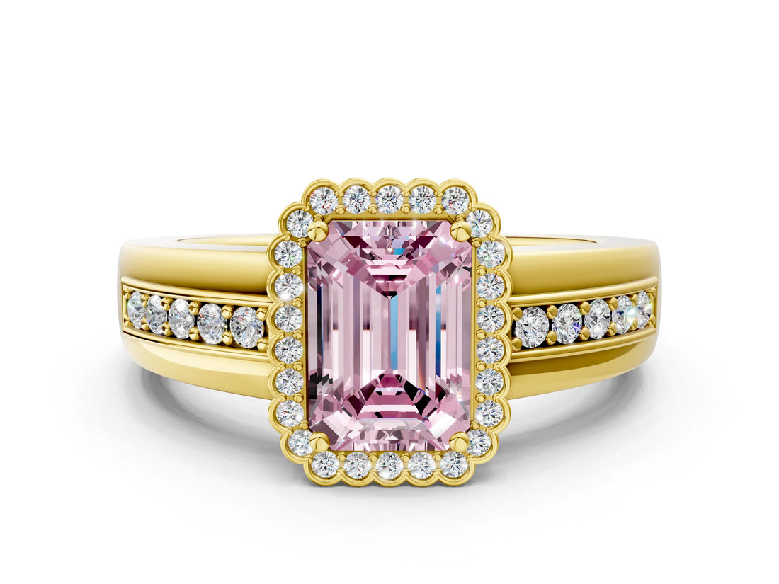 Yellow gold Fancy Pink Emerald  Cut Halo Pave Band Four-Prong Ring_49