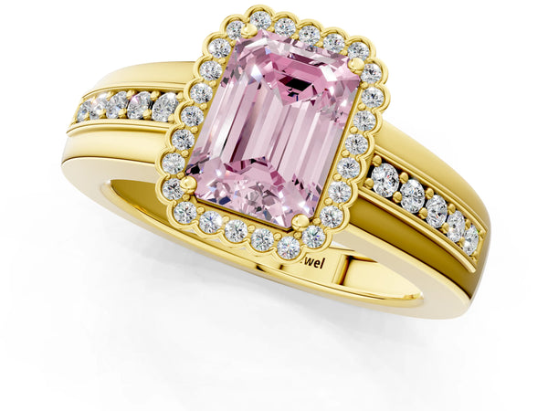 Yellow gold Fancy Pink Emerald  Cut Halo Pave Band Four-Prong Ring