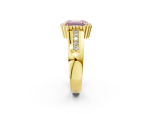 Yellow gold Fancy Pink Emerald  Cut Halo Pave Band Four-Prong Ring
