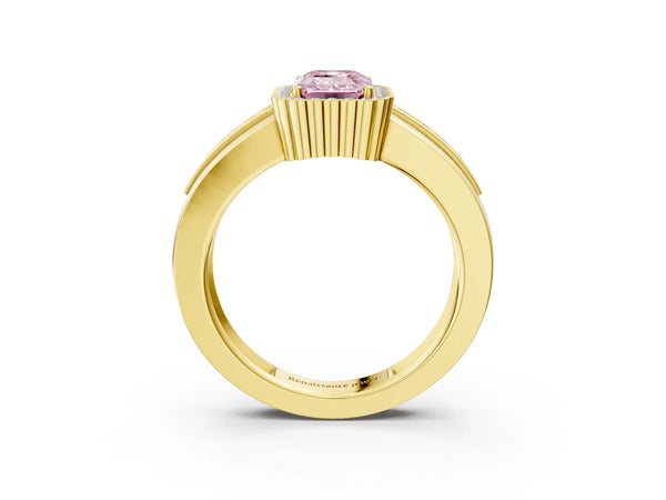 Yellow gold Fancy Pink Emerald  Cut Halo Pave Band Four-Prong Ring