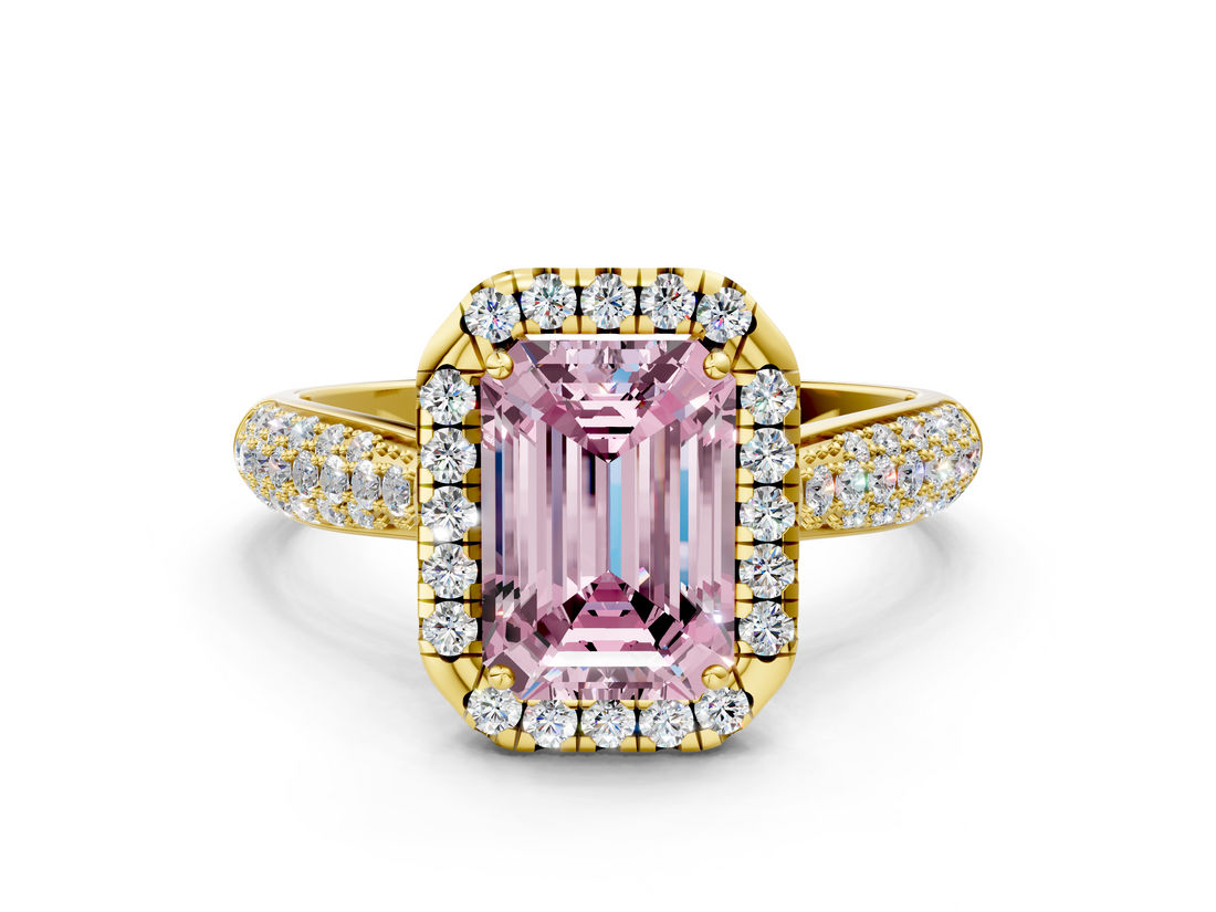 Yellow gold Fancy Pink Emerald  Cut Halo Pave Band Four-Prong Setting Ring_37