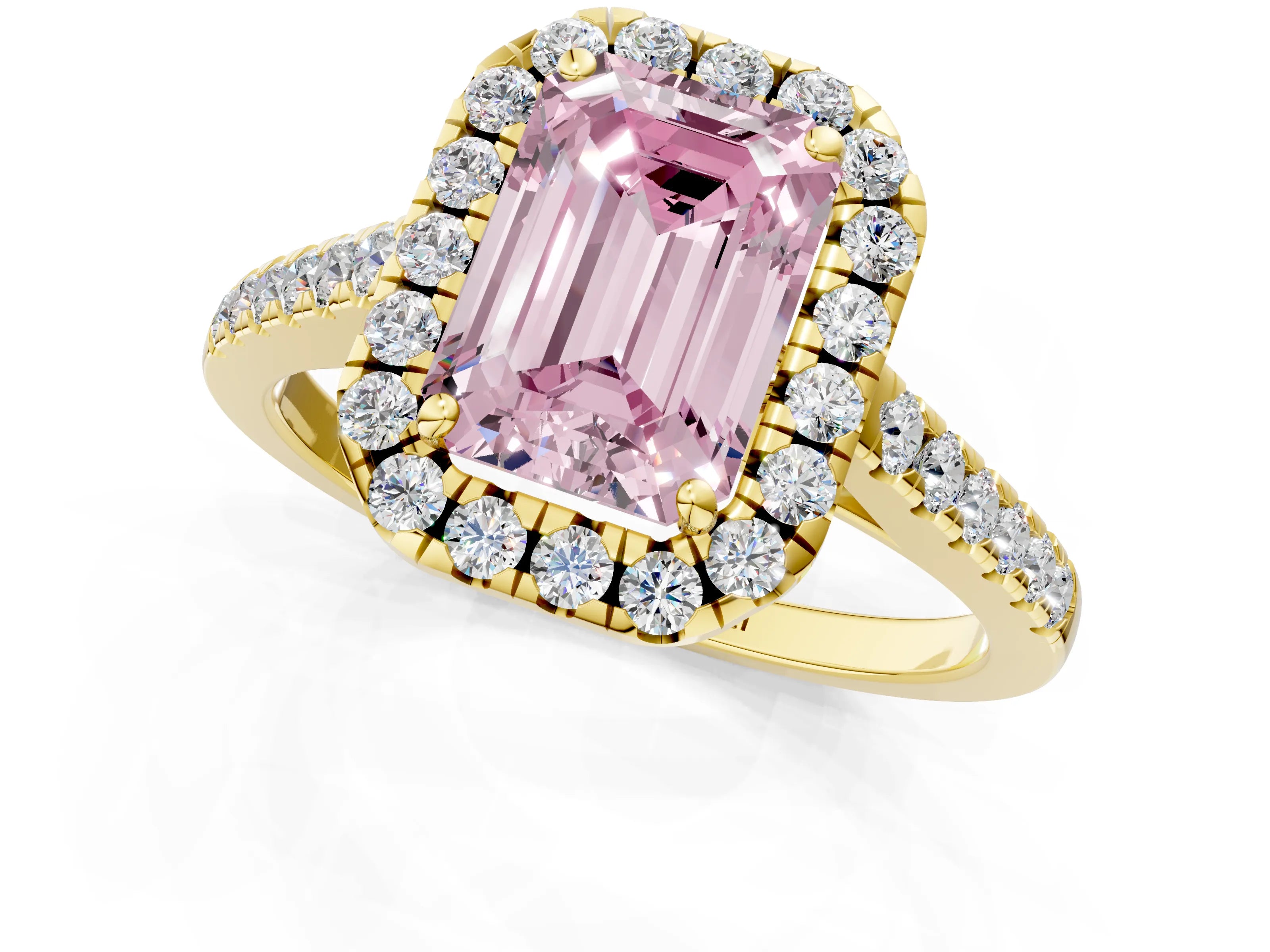 Yellow gold Fancy Pink Emerald Cut Halo Pave Diamond Engagement Ring with Four-Prong Setting_1