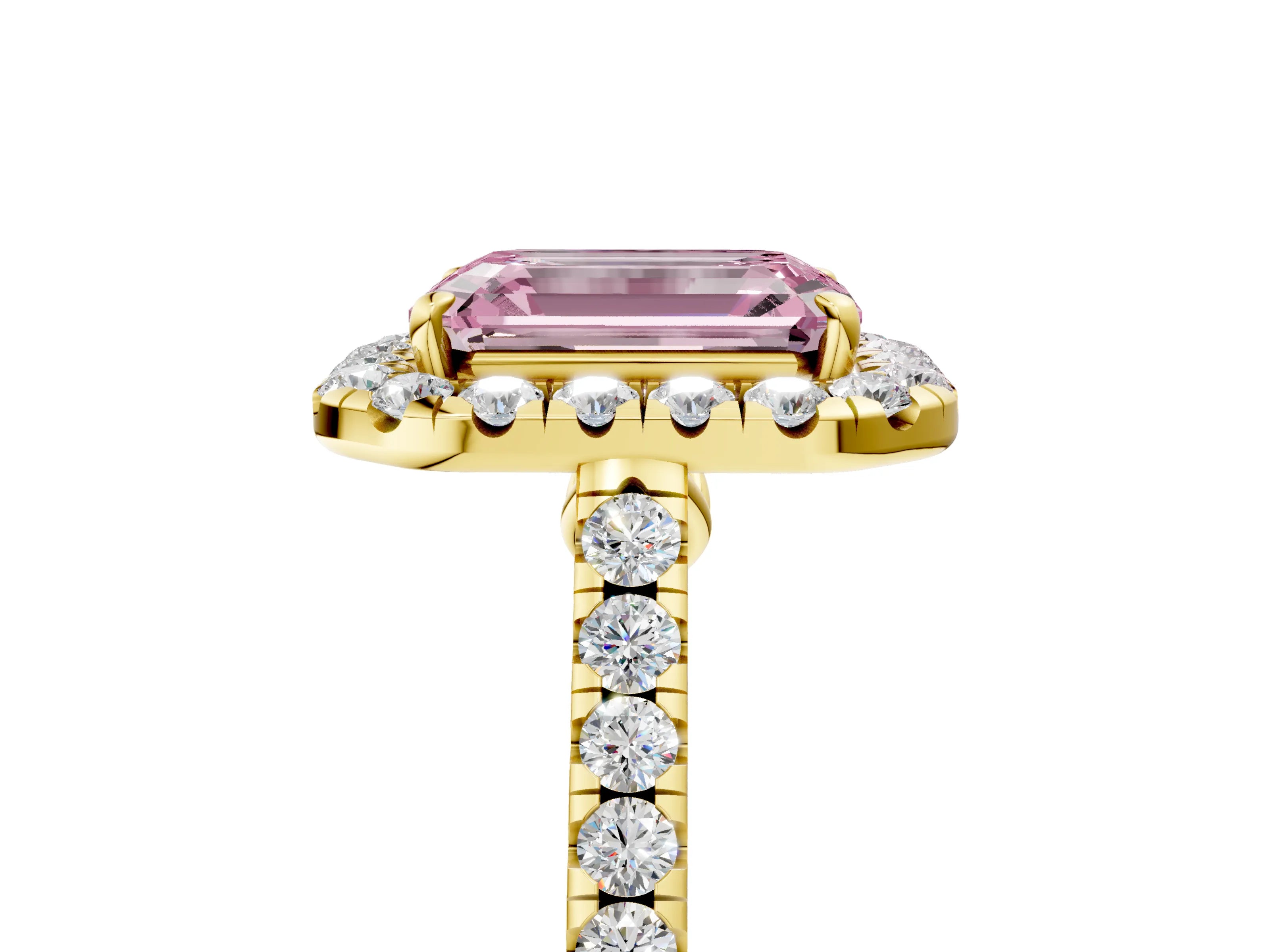 Yellow gold Fancy Pink Emerald Cut Halo Pave Diamond Engagement Ring with Four-Prong Setting_5