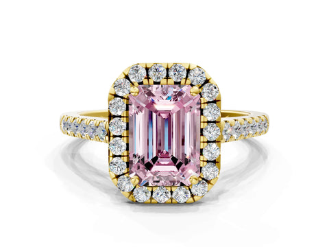 Yellow gold Fancy Pink Emerald Cut Halo Pave Diamond Engagement Ring with Four-Prong Setting