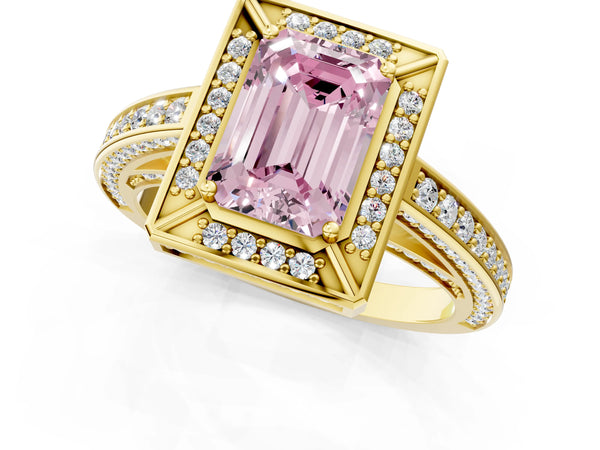 Yellow gold Fancy Pink Emerald  Cut Halo Pave Split Shank Prong Setting Ring