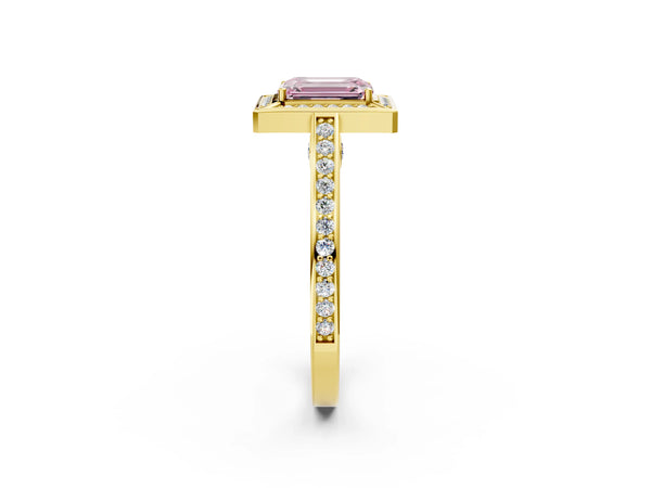 Yellow gold Fancy Pink Emerald  Cut Halo Pave Split Shank Prong Setting Ring