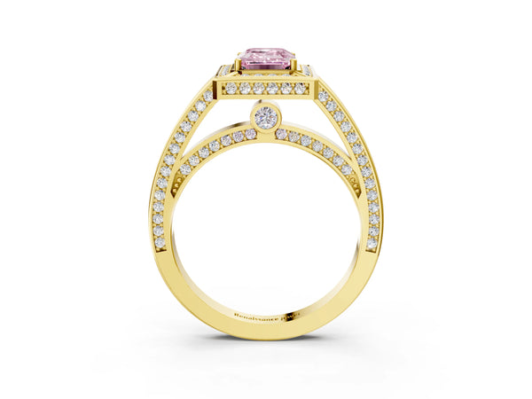 Yellow gold Fancy Pink Emerald  Cut Halo Pave Split Shank Prong Setting Ring
