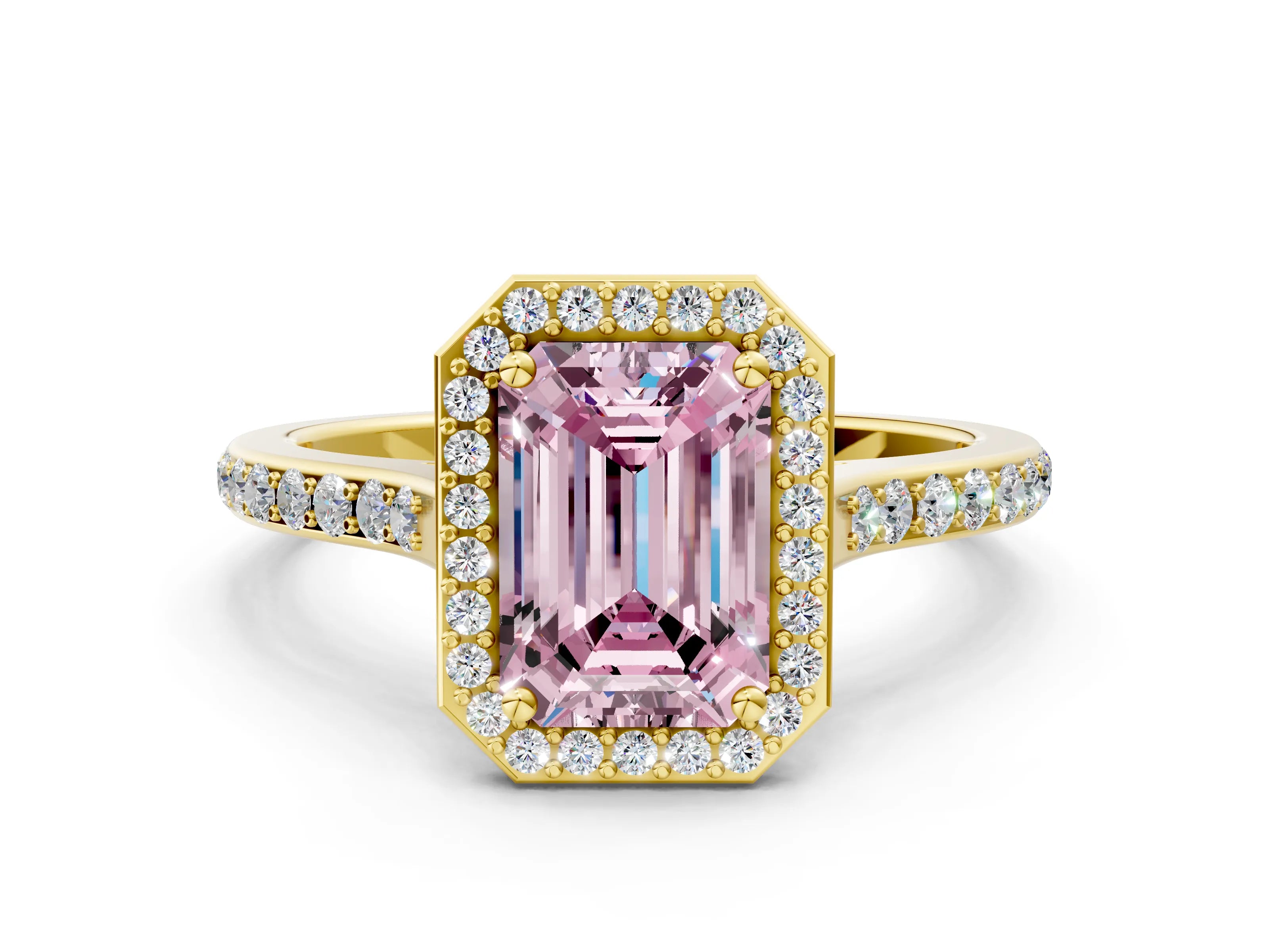 Yellow gold Fancy Pink Emerald Cut Halo Round Diamond Pavé Band with Four-Prong Setting_3