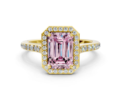 Yellow gold Fancy Pink Emerald Cut Halo Round Diamond Pavé Band with Four-Prong Setting_3