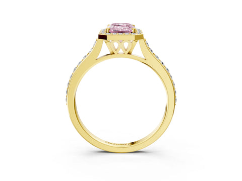 Yellow gold Fancy Pink Emerald Cut Halo Round Diamond Pavé Band with Four-Prong Setting_6