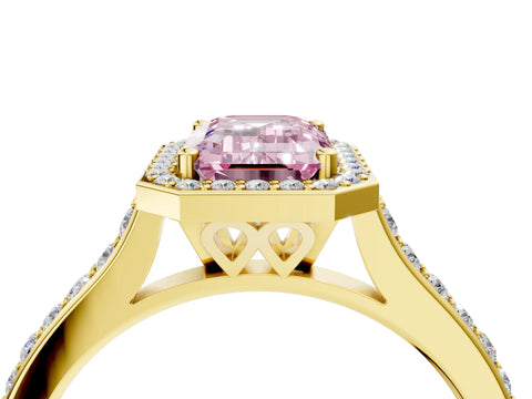 Yellow gold Fancy Pink Emerald Cut Halo Round Diamond Pavé Band with Four-Prong Setting_7