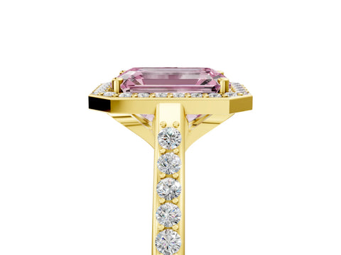 Yellow gold Fancy Pink Emerald Cut Halo Round Diamond Pavé Band with Four-Prong Setting_8