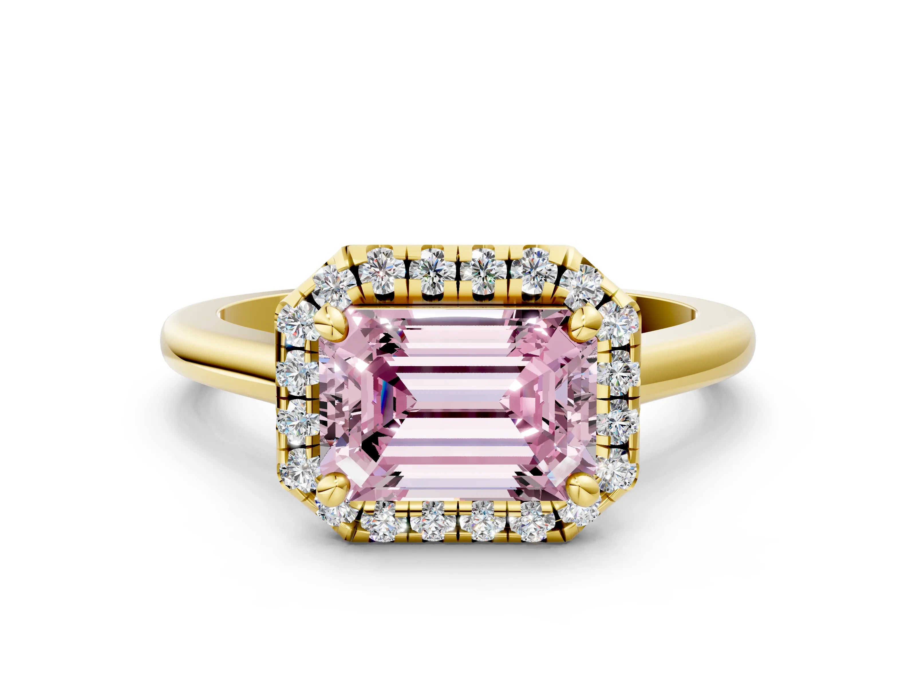 Yellow gold Fancy Pink Emerald Cut Halo Round Diamond Solitaire Engagement Ring with Pave Band and Four-Prong Setting_12