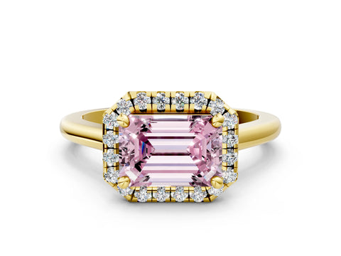 Yellow gold Fancy Pink Emerald Cut Halo Round Diamond Solitaire Engagement Ring with Pave Band and Four-Prong Setting_12