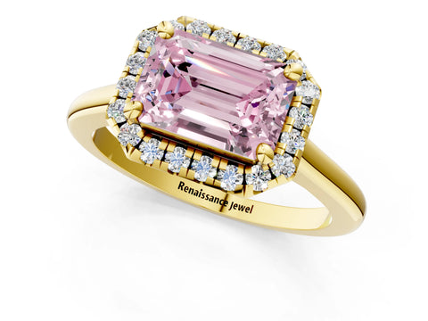 Yellow gold Fancy Pink Emerald Cut Halo Round Diamond Solitaire Engagement Ring with Pave Band and Four-Prong Setting_13