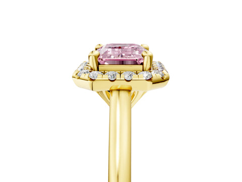 Yellow gold Fancy Pink Emerald Cut Halo Round Diamond Solitaire Engagement Ring with Pave Band and Four-Prong Setting_17