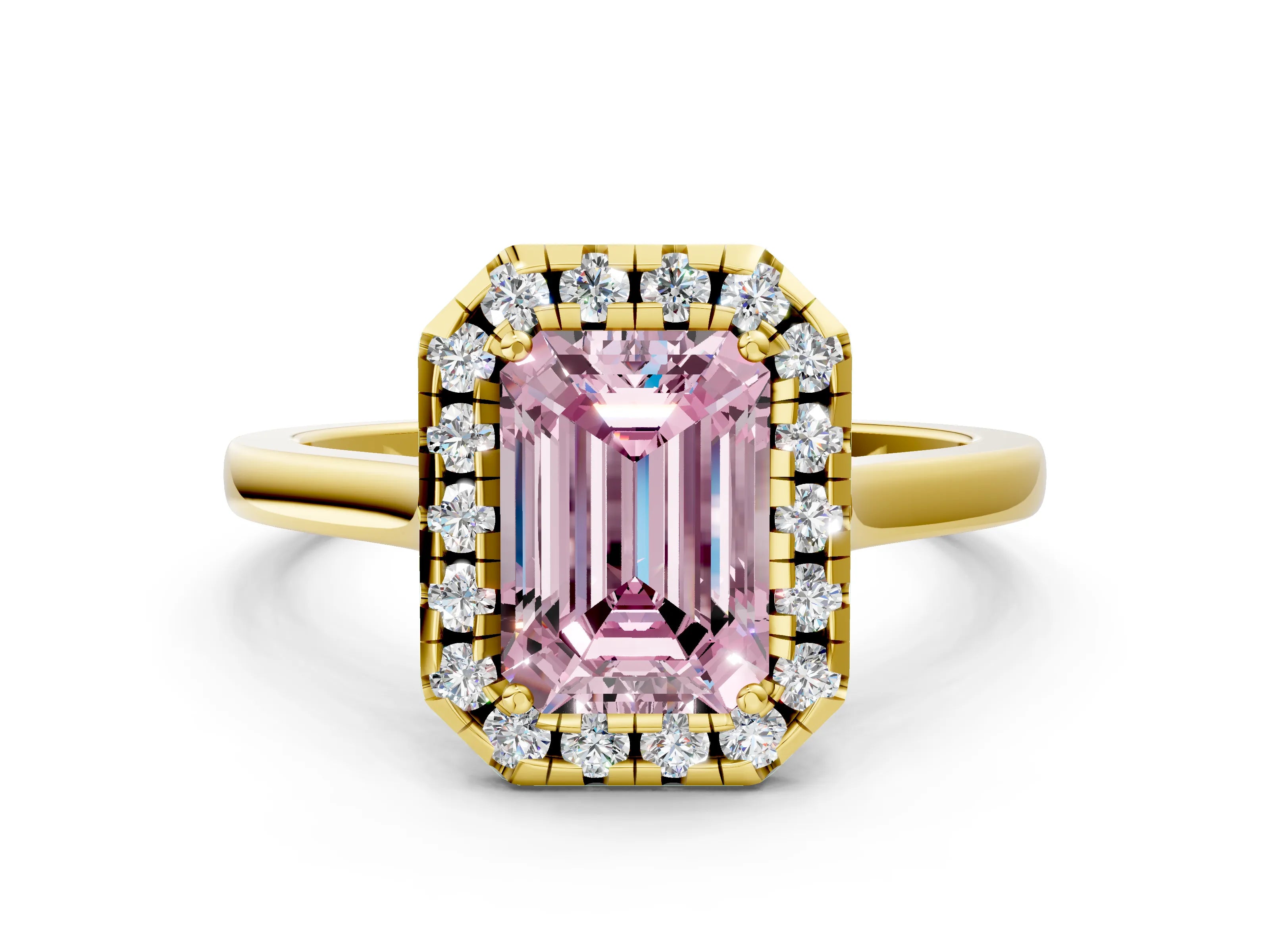 Yellow gold Fancy Pink Emerald Cut Halo Round Diamond Solitaire Ring with Pavé Band and Four-Prong Setting