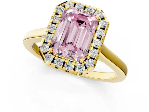 Yellow gold Fancy Pink Emerald Cut Halo Round Diamond Solitaire Ring with Pavé Band and Four-Prong Setting_1