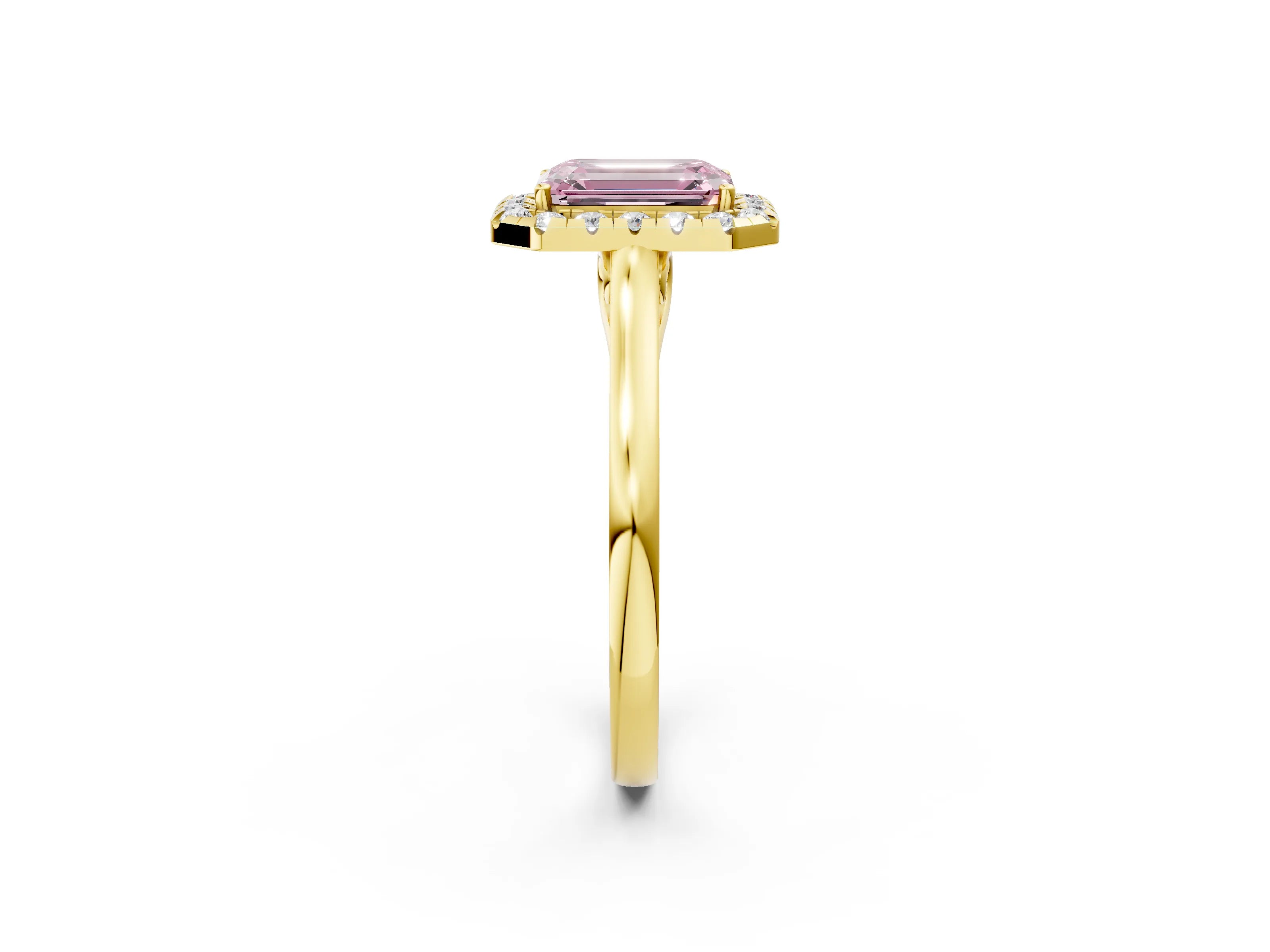 Yellow gold Fancy Pink Emerald Cut Halo Round Diamond Solitaire Ring with Pavé Band and Four-Prong Setting_2