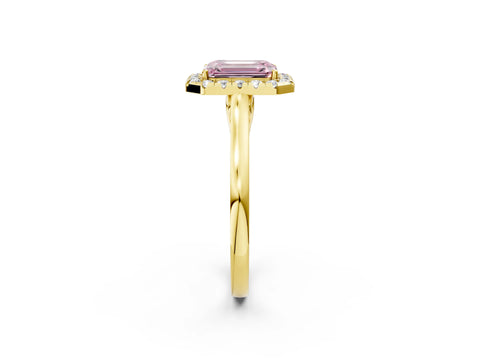 Yellow gold Fancy Pink Emerald Cut Halo Round Diamond Solitaire Ring with Pavé Band and Four-Prong Setting_2