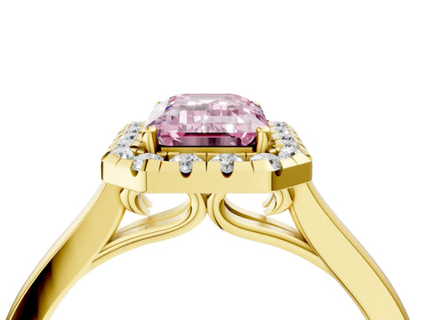 Yellow gold Fancy Pink Emerald Cut Halo Round Diamond Solitaire Ring with Pavé Band and Four-Prong Setting_4
