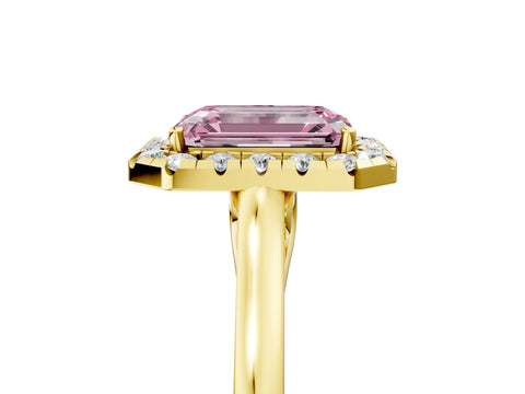 Yellow gold Fancy Pink Emerald Cut Halo Round Diamond Solitaire Ring with Pavé Band and Four-Prong Setting_5