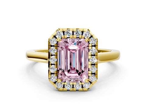 Yellow gold Fancy Pink Emerald Cut Halo Round Diamond Solitaire Ring with Pavé Band and Four-Prong Setting
