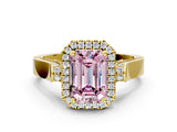 Yellow gold Fancy Pink Emerald Cut Halo Round Diamond Twist Band with Four-Prong Setting