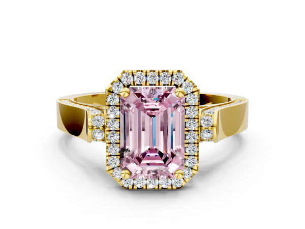 Yellow gold Fancy Pink Emerald Cut Halo Round Diamond Twist Band with Four-Prong Setting