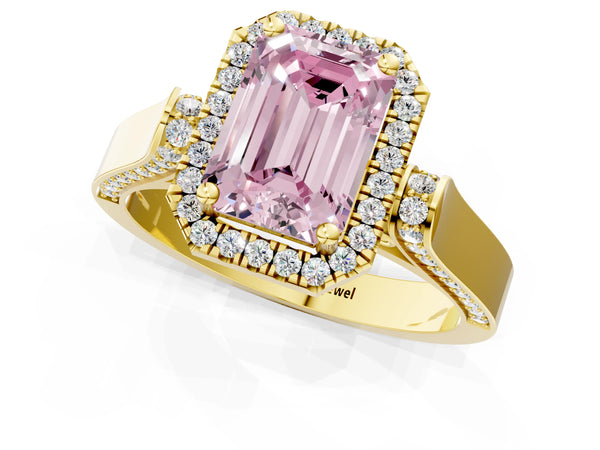 Yellow gold Fancy Pink Emerald Cut Halo Round Diamond Twist Band with Four-Prong Setting