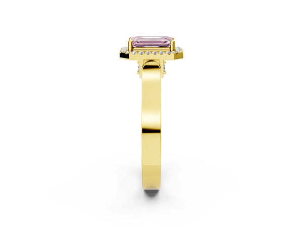 Yellow gold Fancy Pink Emerald Cut Halo Round Diamond Twist Band with Four-Prong Setting