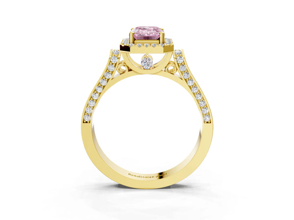Yellow gold Fancy Pink Emerald Cut Halo Round Diamond Twist Band with Four-Prong Setting