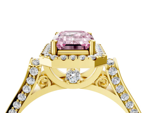 Yellow gold Fancy Pink Emerald Cut Halo Round Diamond Twist Band with Four-Prong Setting_4